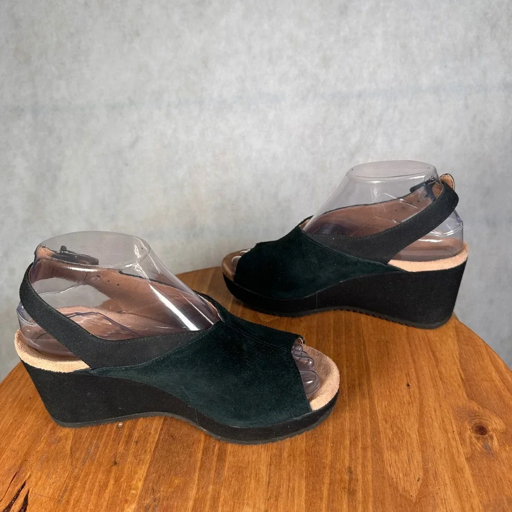 Vionic Trixie Wedge Sandals Womens 6.5 Black Good Suede Peep Toe 10010569